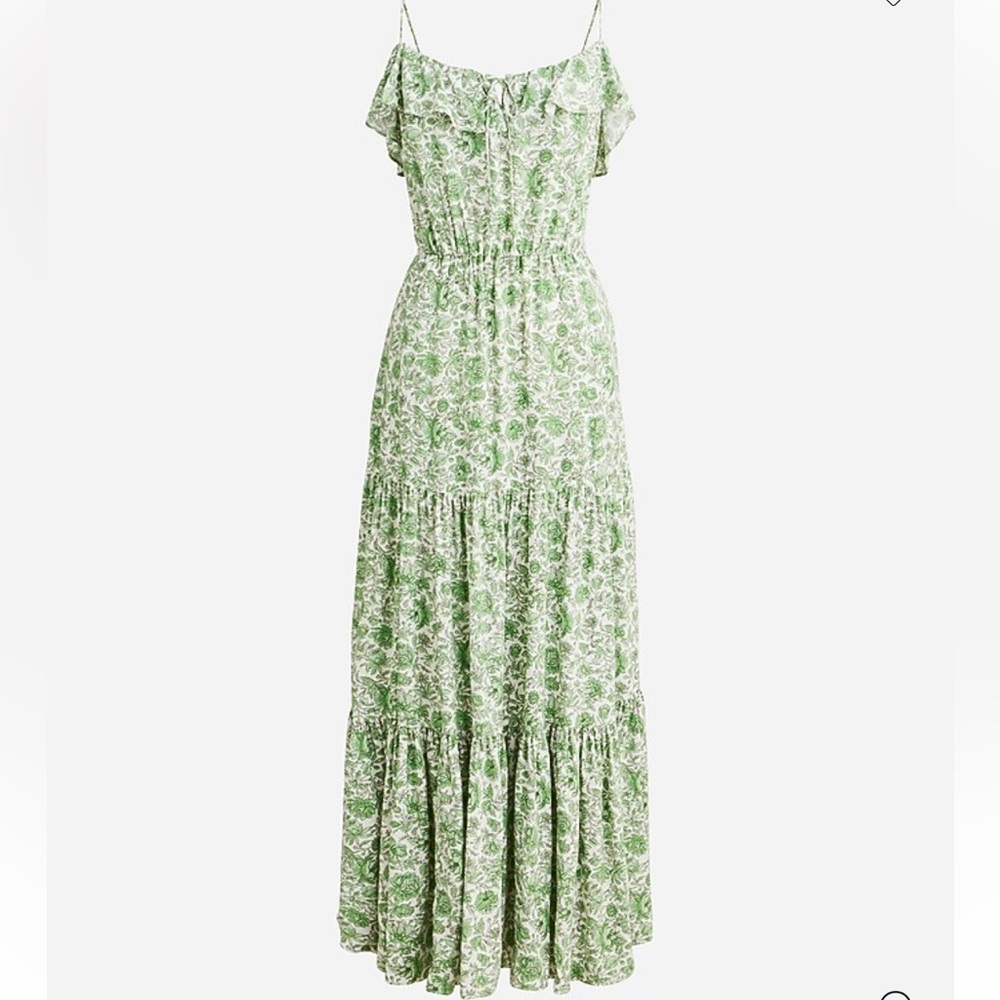 J. Crew NWT Tiered Maxi Dress in Tossed Floral Green Spaghetti Straps Pockets - Picture 10 of 10